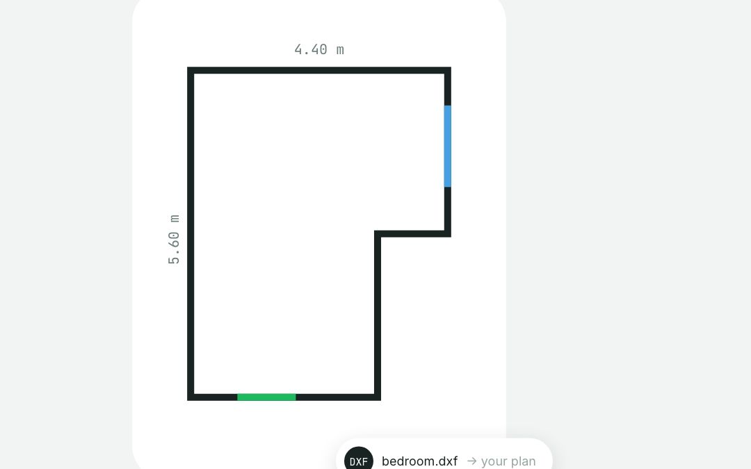 A scanned room drawn as a floor plan, 4.40 by 5.60 metres, with its door and window, from bedroom.dxf.